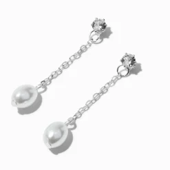 Claire's Pendantes|Clous D'oreilles-Pendantes linéaires 4 cm avec zircon cubique d'imitation perles d'imitation couleur argentée