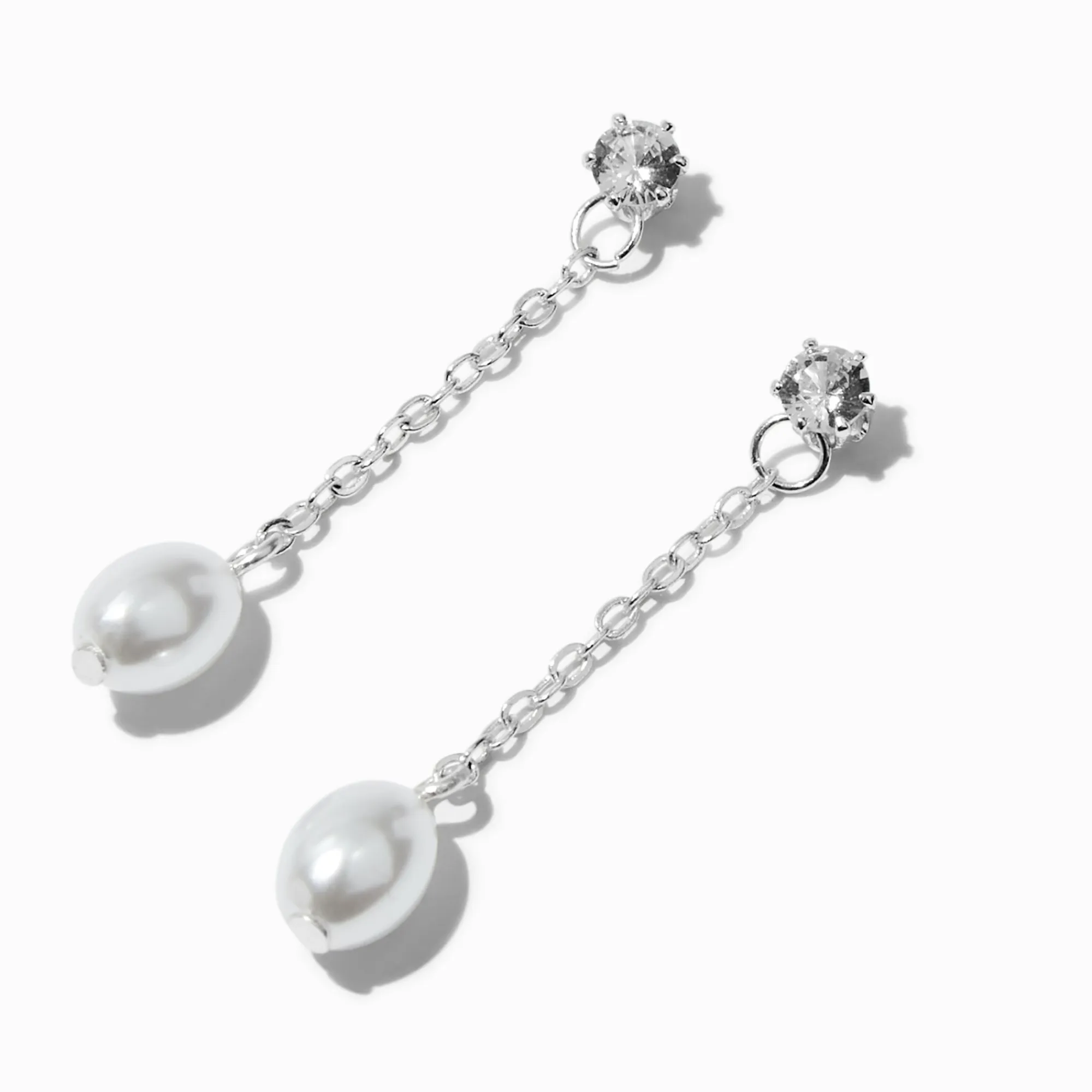 Claire's Pendantes|Clous D'oreilles-Pendantes linéaires 4 cm avec zircon cubique d'imitation perles d'imitation couleur argentée