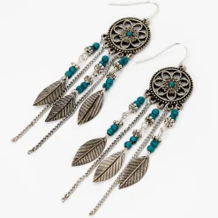 Claire's Pendantes-Pendantes perlées 5 cm avec des turquoises d'imitation attrape-rêve couleur argentée