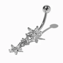 Claire's Clous D'oreilles|Bijoux Premium-Piercing de nombril 1,6 mm fleur perle d'imitation en zircon cubique et acier inoxydable couleur argentée
