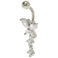 Claire's Clous D'oreilles|Bijoux Premium-Piercing de nombril papillon 1,6 mm en zircon cubique en acier inoxydable couleur argentée