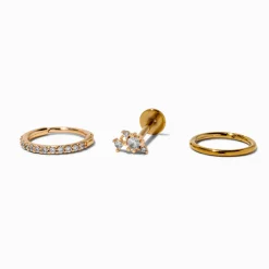 Claire's Clous D'oreilles|Bijoux Premium-Piercings de cartilage sans filetage anneaux et clou 1,0 mm en zircon cubique et acier inoxydable couleur dorée - Lot de 3