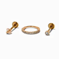 Claire's Bijoux De Piercing-Piercings de cartilage sans filetage anneau et clous 1,0 mm en zircon cubique et acier inoxydable couleur dorée - Lot de 3