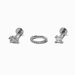 Claire's Bijoux De Piercing-Piercings de cartilage sans filetage anneaux et clou 0,8 mm en zircon cubique et acier inoxydable couleur argentée - Lot de 3