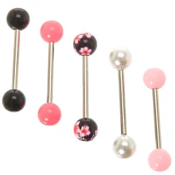 Claire's Bijoux De Piercing-Piercings de langue haltère perle d'imitation floral 1,6 mm couleur argentée - Rose, lot de 5