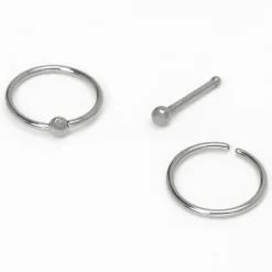 Claire's Bijoux Premium|Bijoux De Piercing-Piercings de nez anneaux et clou classiques 0,8 mm couleur argentée et couleur titanée - Lot de 3