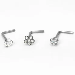 Claire's Bijoux Premium|Bijoux De Piercing-Piercings de nez fleur, cœur et étoile 0,8 cm couleur titanée et couleur argentée - Lot de 3