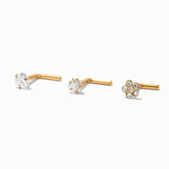 Claire's Bijoux Premium|Bijoux De Piercing-Piercings de nez étoile, cœur et fleur 1,0 mm en titane couleur dorée - Lot de 3