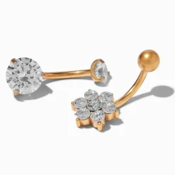 Claire's Clous D'oreilles|Bijoux Premium-Piercings de nombril 1,6 mm fleur zircon cubique en titane couleur dorée - Lot de 2