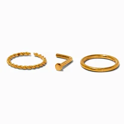 Claire's Bijoux De Piercing-Piercings pour le nez variés anneaux et clou 1,0 mm en titane couleur dorée - Lot de 3