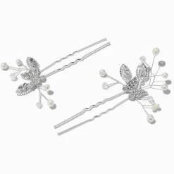 Claire's Barrettes Et Pinces-Épingles à cheveux bouquet de fleurs plat perles d'imitation et papillon en strass couleur argentée - Lot de 2