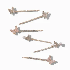 Claire's Barrettes Et Pinces-Épingles à cheveux perles d'imitation strass papillon couleur doré rose - Lot de 6