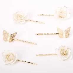 Claire's Barrettes Et Pinces-Épingles plates à fleurs et papillons couleur dorée - Blanc, lot de 6