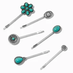 Claire's Barrettes Et Pinces-Épingles plates western en turquoise d'imitation cowgirl - Lot de 6