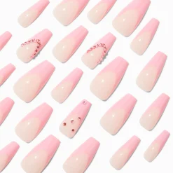 Claire's Ongles-Pink French Tip Bling Squareletto Vegan Faux Nail Set - 24 Pack