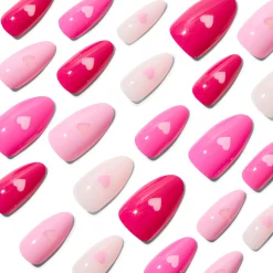 Claire's Ongles-Pink Heart Long Almond Vegan Faux Nails - 24 Pack