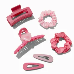 Claire's Chouchous|Barrettes Et Pinces-Pink Mixed Scrunchie & Hair Clip Set - 6 Pack