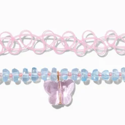 Claire's Colliers-Pink Tattoo & Blue Beaded Butterfly Choker Necklaces - 2 Pack