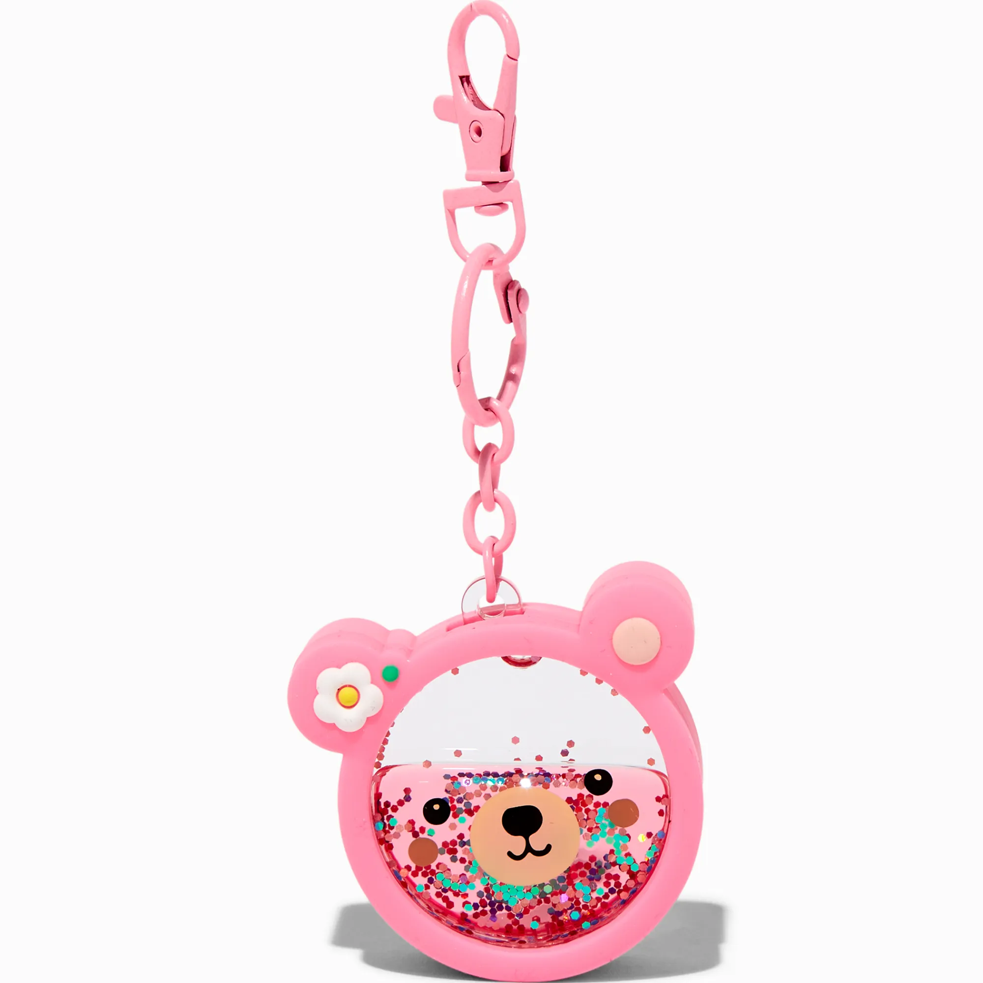 Claire's Porte-clés-Porte-clés à paillettes rempli d’eau ours visage d'ours rose