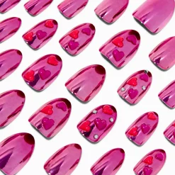 Claire's Ongles-Puffy Heart Pink Chrome Short Almond Vegan Faux Nail Set - 24 Pack