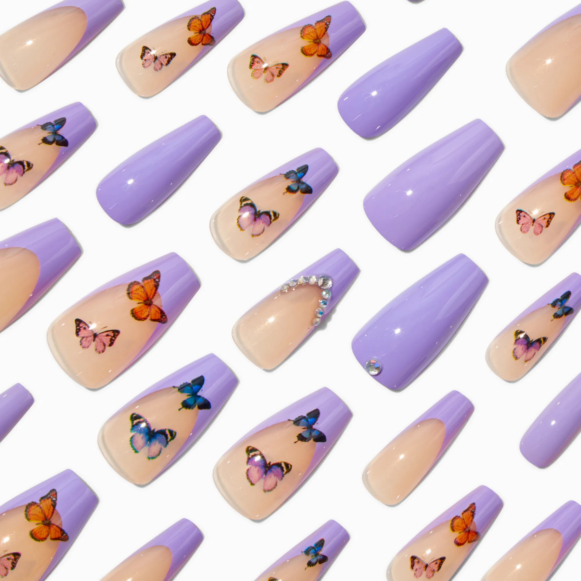 Claire's Ongles-Purple Butterfly French Tip Bling Squareletto Vegan Faux Nail Set - 24 Pack