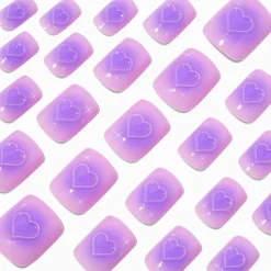 Claire's Ongles-Purple Radiating Hearts Medium Square Vegan Faux Nail Set - 24 Pack