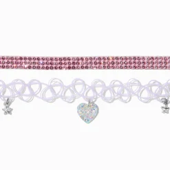 Claire's Colliers-Ras-de-cou cœur effet tatouage violet et strass roses - Lot de 2