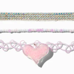 Claire's Colliers-Ras-de-cou cœur rose et bande iridescente - Lot de 3