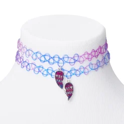 Claire's Colliers-Ras-de-cou effet tatouage best friends cœur violet et bleu - Lot de 2