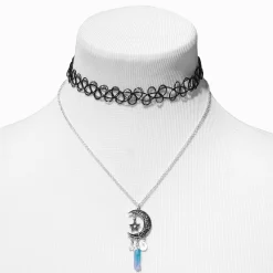 Claire's Colliers|Parures De Bijoux-Ras-de-cou effet tatouage noir et pendentif strass mystique bleu croissant de lune - Lot de 2