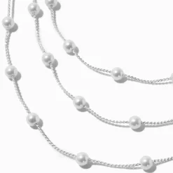 Claire's Colliers-Ras-de-cou multi-rangs perles d’imitation délicates couleur argentée