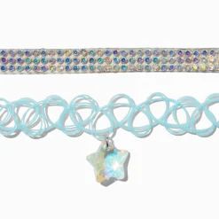 Claire's Colliers-Ras-de-cou étoile effet tatouage bleu et strass iridescent - Lot de 2