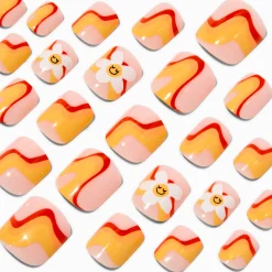 Claire's Ongles-Retro Daisy Swirl Square Press On Vegan Faux Nail Set - 24 Pack