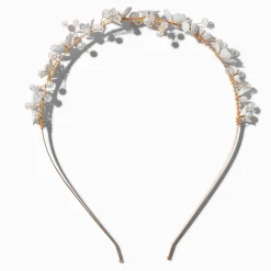 Claire's Bandeaux Et Serre-têtes-Serre-tête couleur dorée perles d'imitation et fleurs blanches