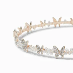 Claire's Bandeaux Et Serre-têtes-Serre-tête perles d'imitation et papillon en strass couleur doré rose