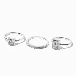 Claire's Bagues-Silver-tone Crystal Geometric Rings Stack - 3 Pack