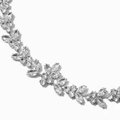 Claire's Colliers-Silver-tone Cubic Zirconia Leaf Choker Necklace