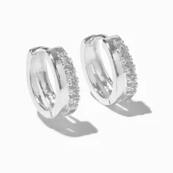 Claire's Anneaux-Silver-tone Cubic Zirconia 10mm Pavé Double Clicker Hoop Earrings