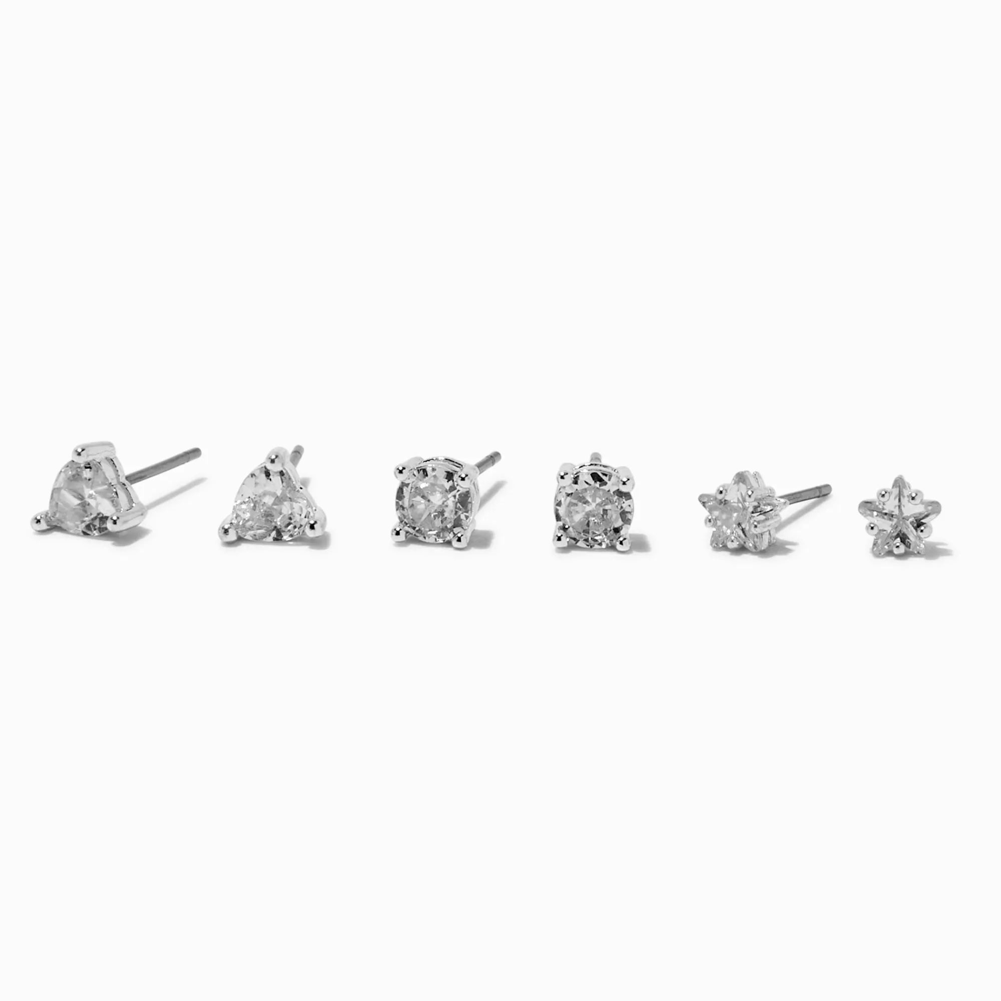Claire's Clous D'oreilles-Silver-tone Cubic Zirconia 5mm Heart, Round, & Star Stud Earrings - 3 Pack