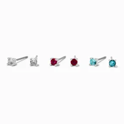 Claire's Clous D'oreilles-Silver-tone Cubic Zirconia 3mm Clear, Fuchsia, & Aqua Stud Earrings - 3 Pack