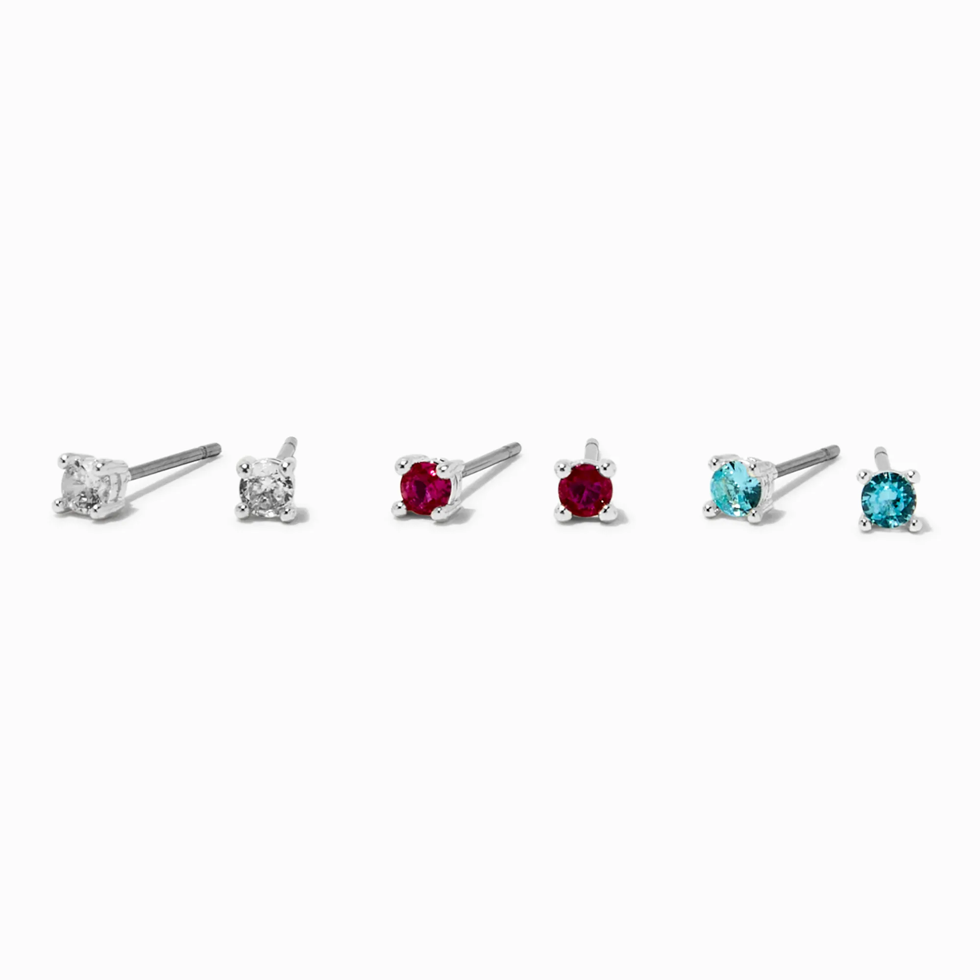 Claire's Clous D'oreilles-Silver-tone Cubic Zirconia 3mm Clear, Fuchsia, & Aqua Stud Earrings - 3 Pack