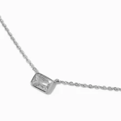 Claire's Colliers-Silver-tone Cubic Zirconia Rectangular Pendant Necklace