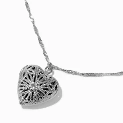 Claire's Colliers-Silver-tone Filigree Heart Locket Pendant Necklace
