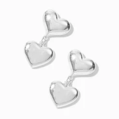 Claire's Pendantes-Silver-tone Puffy Double Heart Drop Earrings