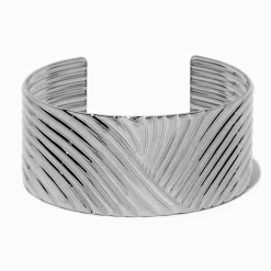 Claire's Bracelets-Silver-tone Thick Ribbed Cuff Bracelet