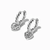 Claire's Anneaux-Silver-tone Twisted Crystal Pavé Heart Charm Hoop Earrings