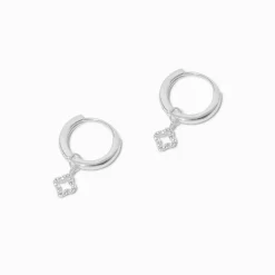 Claire's Anneaux-Sterling Silver Pavé Clover 12mm Clicker Hoop Earrings