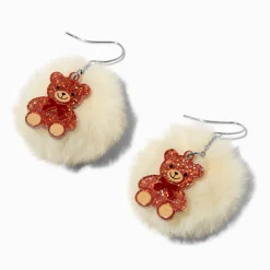 Claire's Pendantes-Teddy Bear Pom Pom 2" Drop Earrings