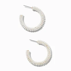 Claire's Anneaux-White Beaded Hoop Earrings