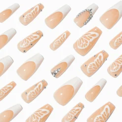 Claire's Ongles-White Butterfly French Tip Bling Squareletto Vegan Faux Nail Set - 24 Pack
